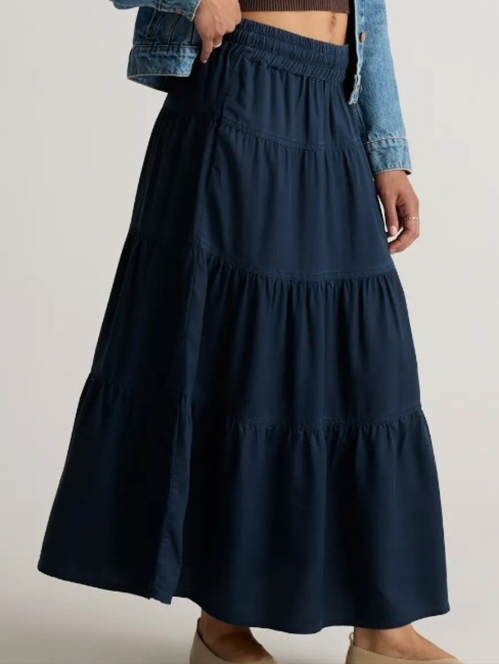 Quince Vintage Wash Tencel  Navy Tiered Drawstring Maxi Skirt Size Large Nwt.
